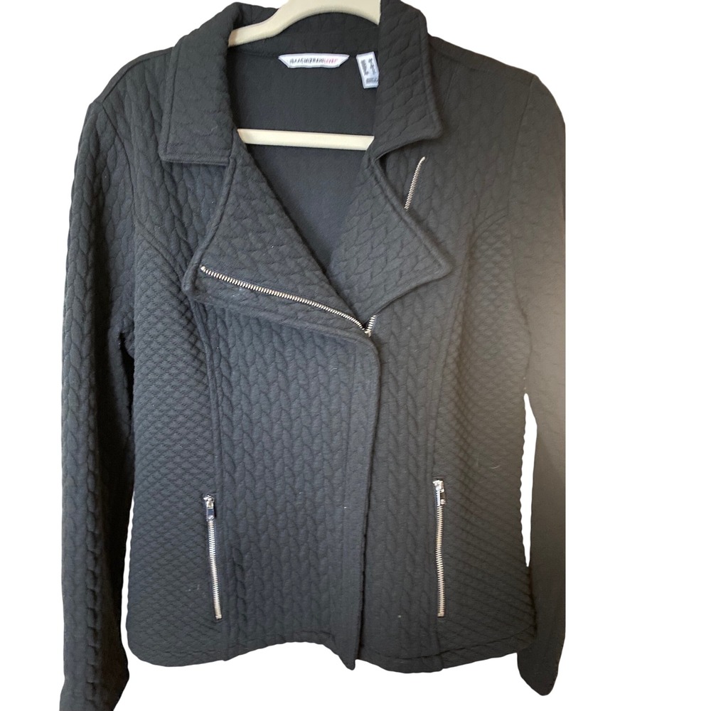 Isaac Mizrahi Live Womens Black Quilted Cable Knit Moto Jacket Size M Asymmetric